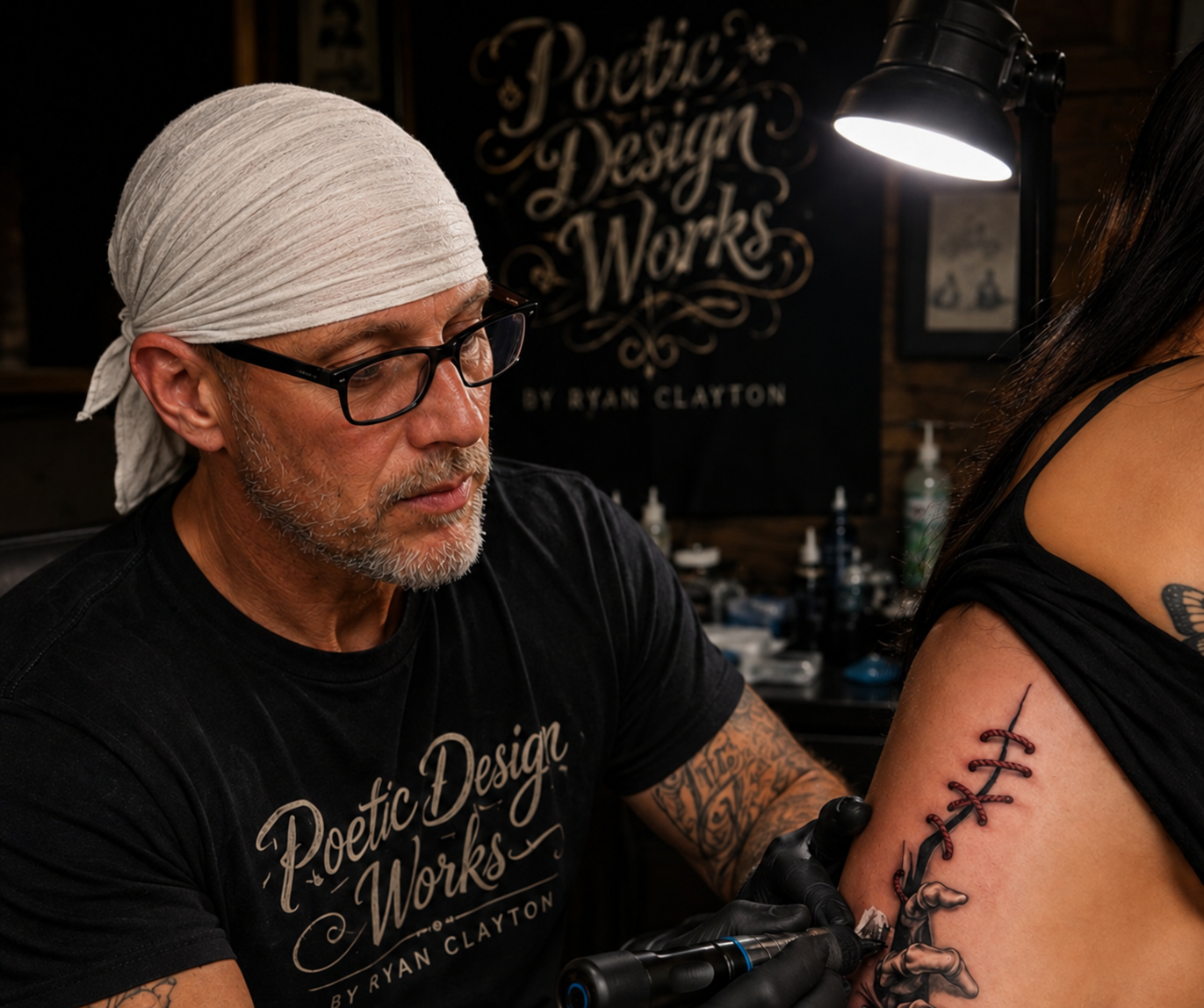 Ryan Clayton tattooing a client at Poetic Design Works