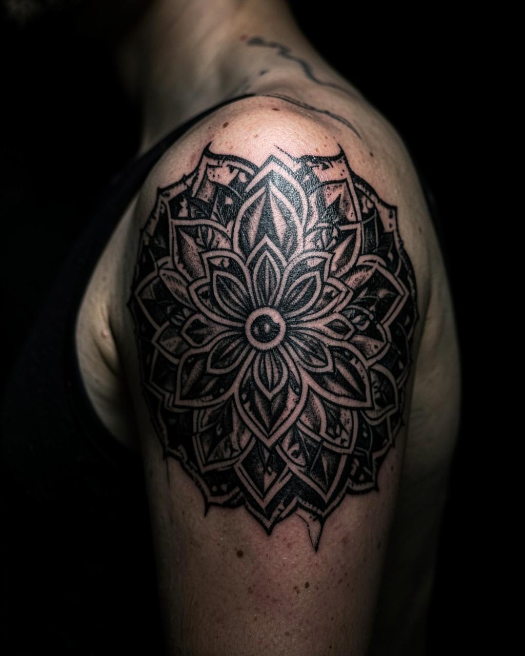 Ornamental black mandala cover-up tattoo on a shoulder
